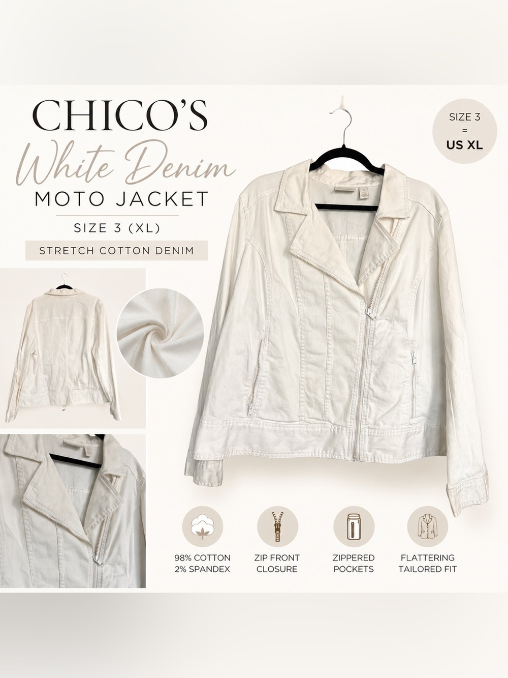 Chicos's Off White Denim Moto Jacket Size 3 XL Stretch Zip Front